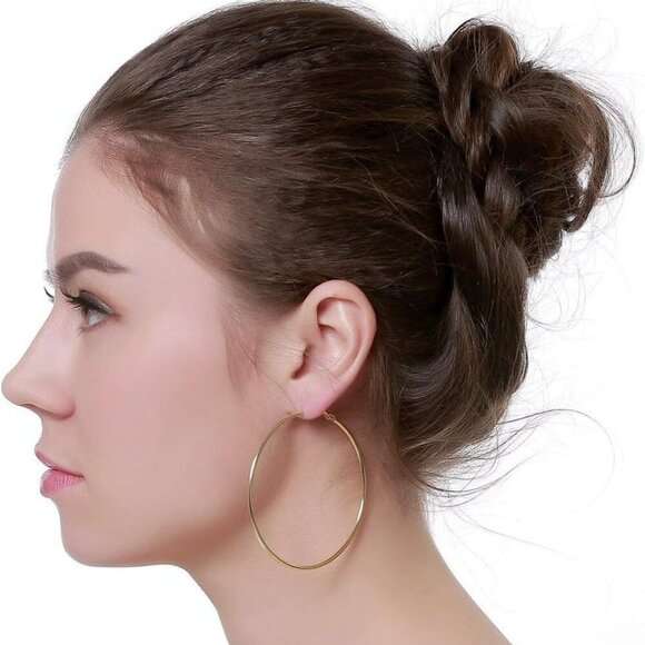 Dainty 70mm Gold Plated Big Large Hoop Earrings for Women Sensitive Ears Fashion - Picture 4 of 5